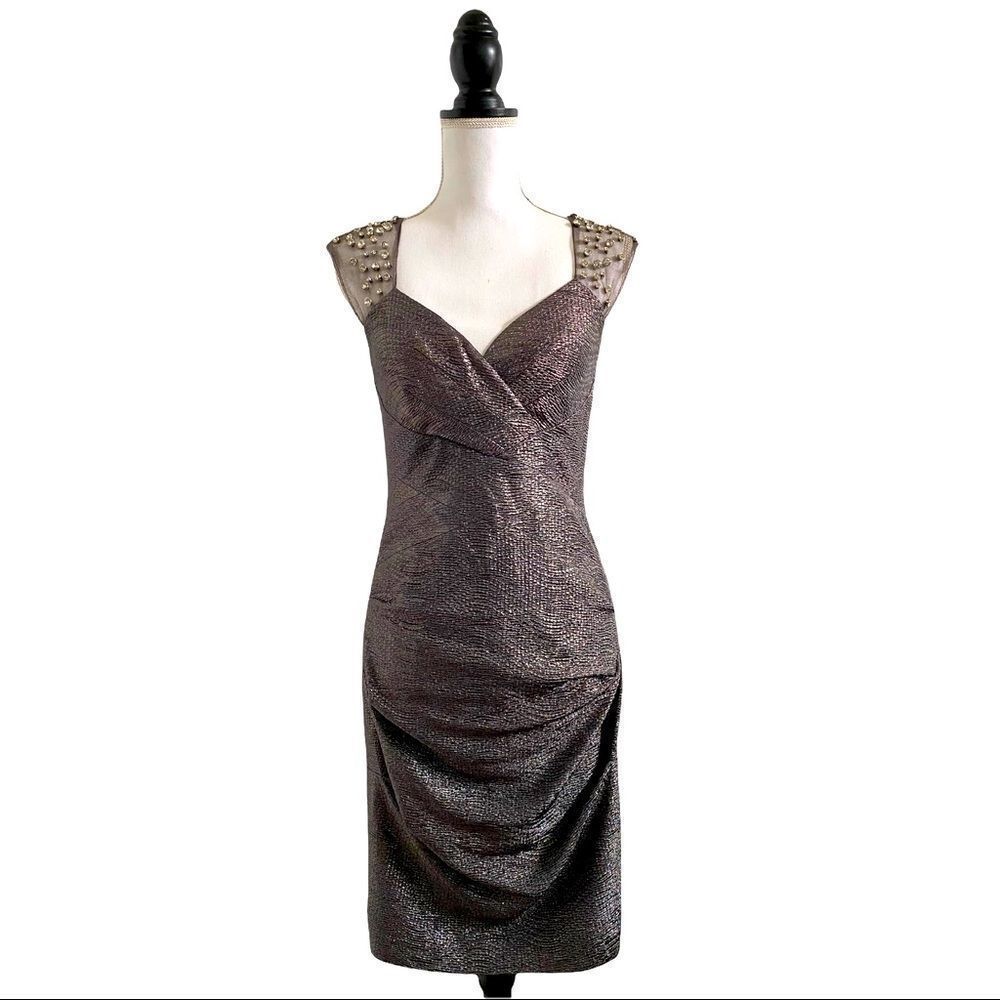 Metallic Embellished Rhinestone Sheath Dress Gunmetal Gray US Size 6
